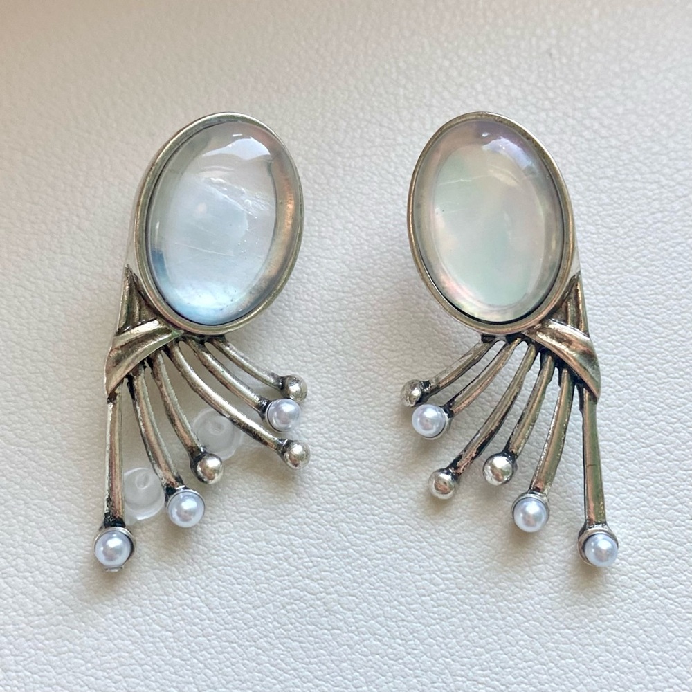 Opal and pearl earrings with silver accents